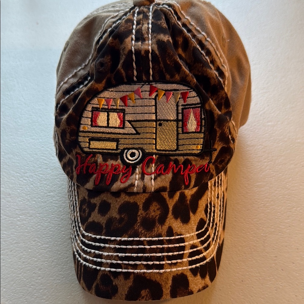 KBETHOS Leopard Print 'Happy Camper' Cap with Beige Accents